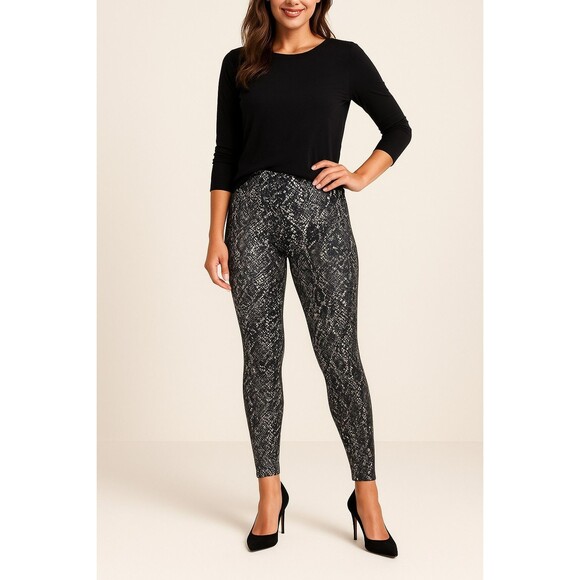 Spanx Faux Leather Snake Leggings Large Shine Black Gray Stretch Pants Trendy - Picture 1 of 10